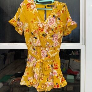 One Clothing Yellow Romper with Flutter Sleeves and V-neck